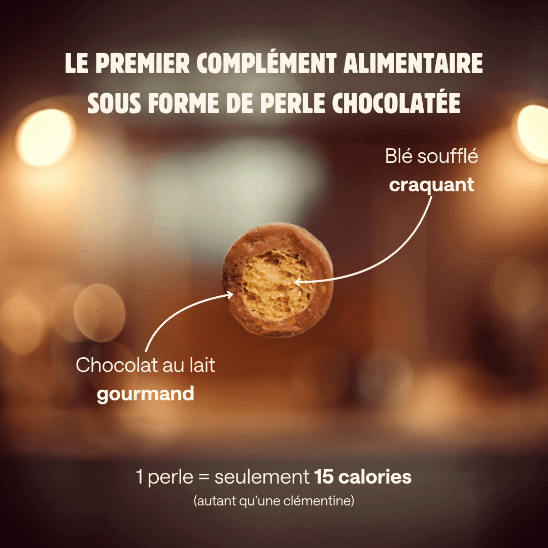 le premier complément alimentaire sous forme de perle chocolatée, gourmand et craquant, sans sucre