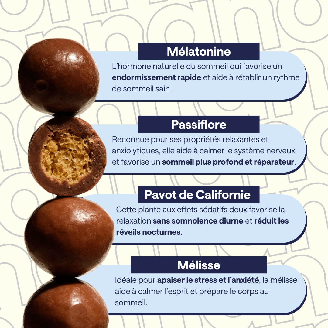details des ingrédients de Nonna Sommeil : mélatonine, passiflore, pavot de californie, mélisse.